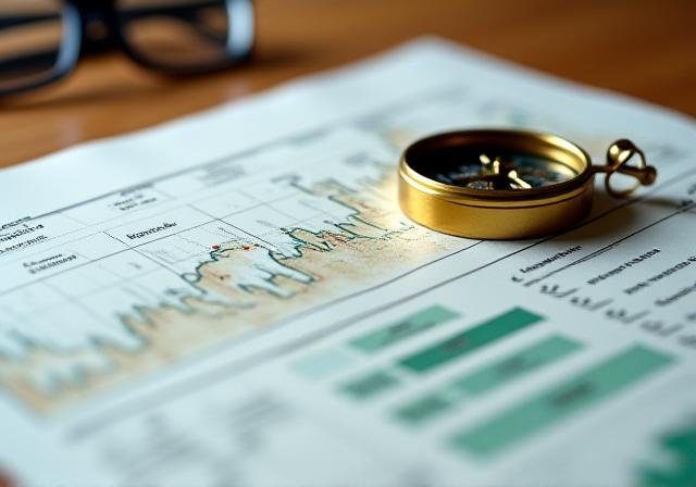 Close up of a strategic roadmap and compass on a wooden desk