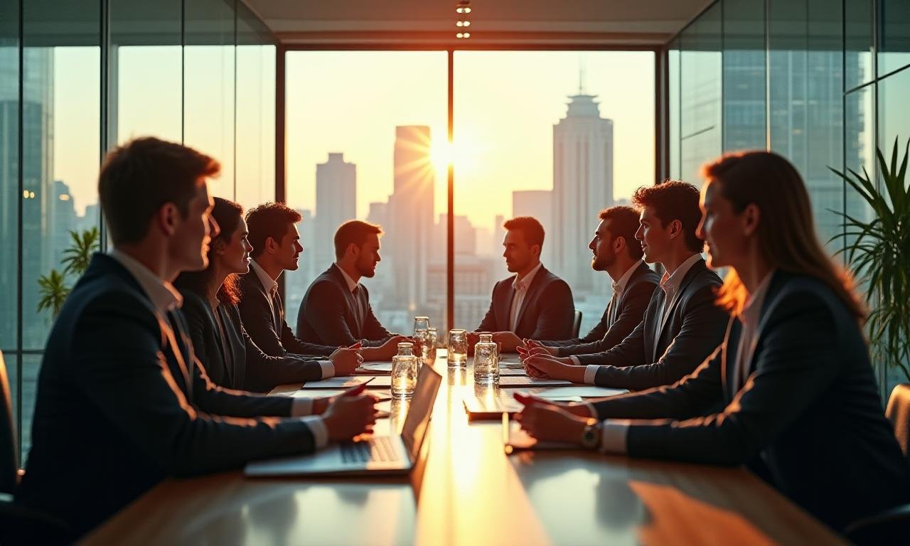 Professional leadership team collaborating around a table in a modern UK office